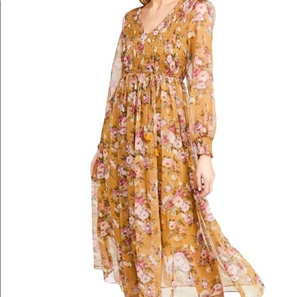 OPT Wick smocked chiffon gold and pink midi dress